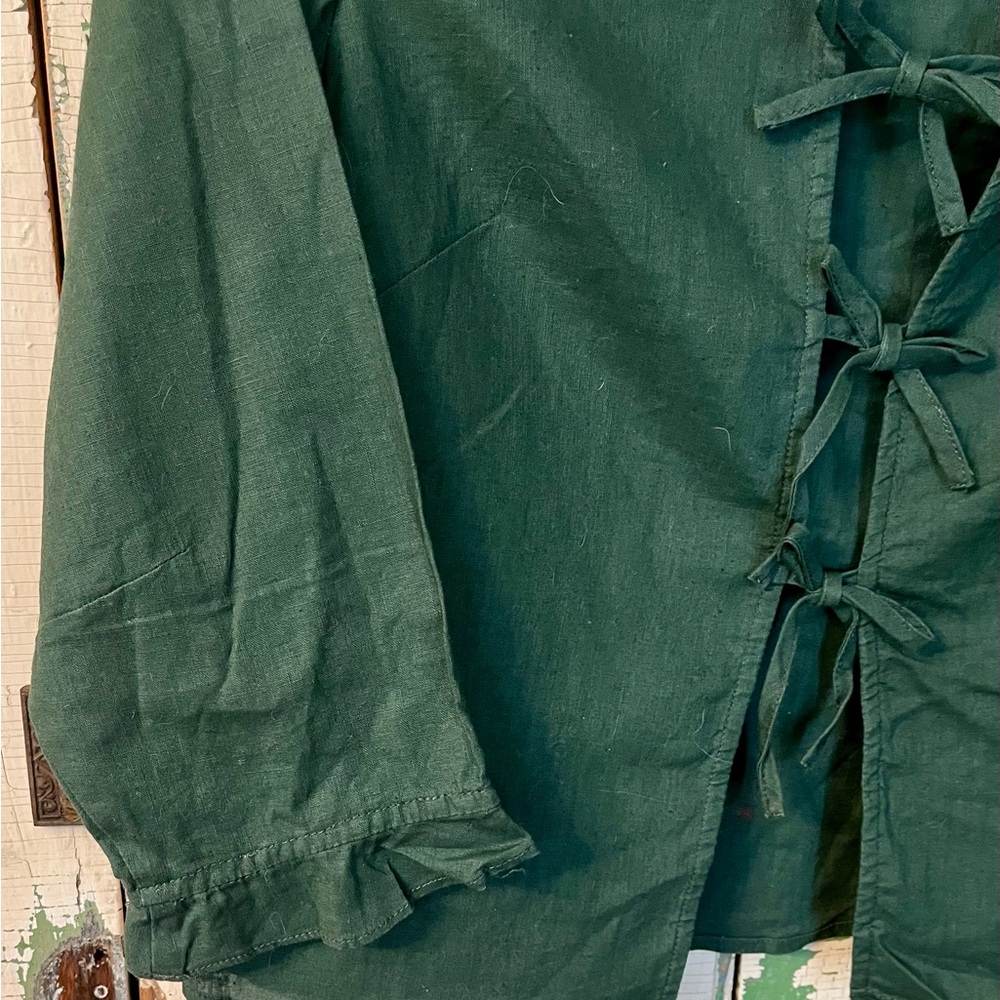 Green Lace-Up Top Blouse Linen Blend size 4 XS/ S
